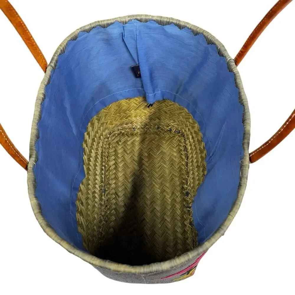 Le Comptoir De La Plage "Madagascar" Woven Raffia Blue/Pink Flamingos ExL Tote - Picture 16 of 16